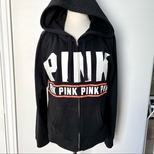 Victoria’s Secret PINK Zip Up Hoodie Black White Coral Drawstring Hood Y2K 2000s
